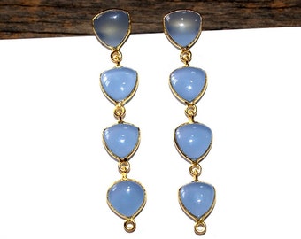 2.44" Lavender Chalcedony Trillion Earrings / Bezel Set Four Stone Gold Earrings / Gift Idea / Bridal - Wedding Jewelry / Gemstone Earrings