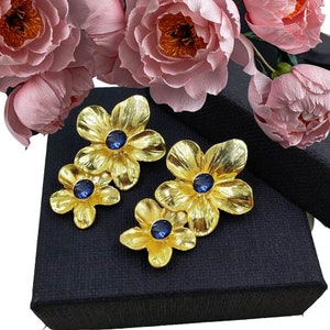 Multi Color Quartz Hibiscus Flower Earrings | 50mm 22Kt Gold Plated Handmade Designer Earrings for Women | Party Wear Earrings |Gift For Her