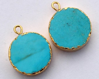 1 Pair 24Kt Gold Electroplated Edge Turquoise Round Earrings Pendants / Single Loop Charm Pendants / Gemstone Connector / DIY Jewelry Making