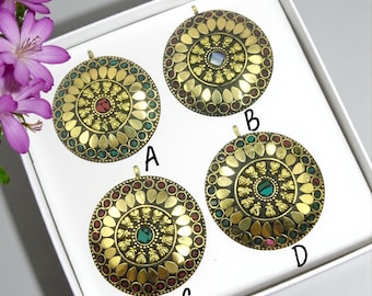 68mm Tibetan Coral Turquoise & MOP Mosaic Pendant Handmade Round Multi Stone Boho Tribal Brass Statement Pendant DIY Jewelry Making Supply.