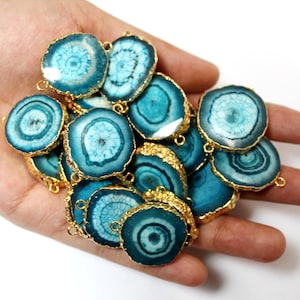 1 & 5 Pcs 23-30mm 24k Gold Electroplated Edge Apatite Blue Solar Quartz Stalactite Slice Round Connector, Double Loop Charm Pendant, SQ01