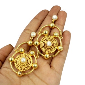 Freshwater Pearl Gold Balls Spiral Earrings | 22Kt Gold Plated Handmade Designer Balls Earrings | Party Wear Earrings | Women Earrings LG25