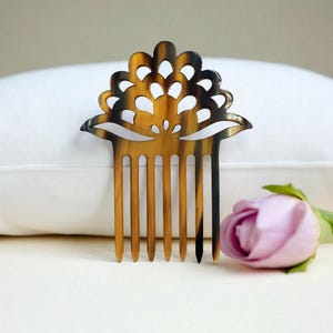 Hand-Carved Horn Hair Comb | Lotus Design Natural Horn Hair Stick | Boho Ethnic Bun Accessory | Handmade Hair Fork Pin, 7 Prongs Hair Stick