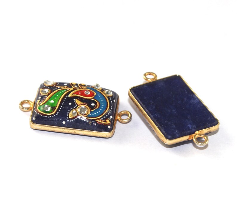 1Pc DIY 24x18mm Bezel Set Lapis Lazuli Tanjore Pendant 22kt Gold Plated Double Loop Gemstone Connector Jewelry Making-Supplies MB13