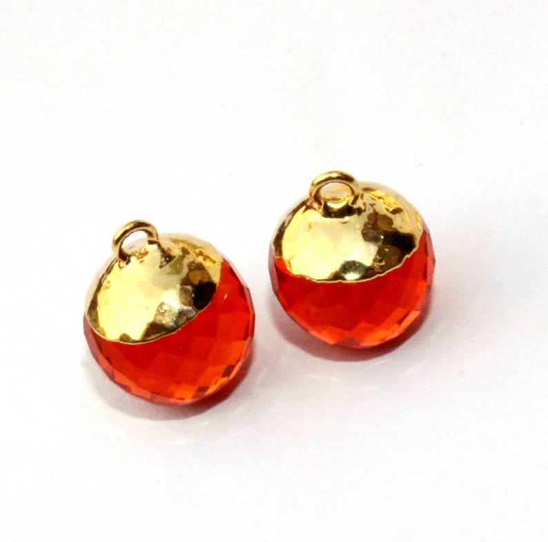 2 Pcs 1 Match Pair 12mm 24K Gold Electroplated Capped Orange Quartz Faceted Ball Charm Pendant Earrings Findings DIY Jewelry Making QC05