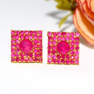 Pink Stone Earrings Post, 22kt Gold Plated Prong Set Flower Stud Earrings, Handcrafted Jewelry Making Supplies, DIY Jewelry Making,Gift Idea