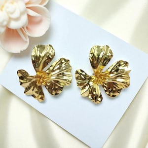 Gold Metallic Hibiscus Statement Earrings | 65x60mm 22kt Gold Plated Handcrafted Designer Floral Earrings | Wedding Earrings | Gift For Her