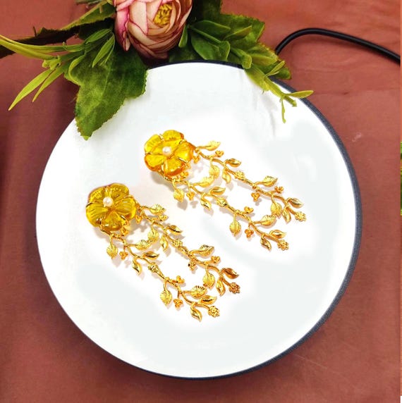 Multi Color Quartz Hand Carved Flowers & Vine Earrings Real Gold Plated Handmade Leaves Earrings Designer Bridal Wedding Earrings Gift Idea