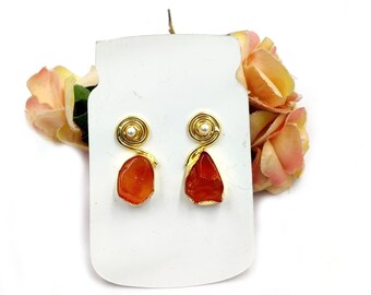 Natural Raw Carnelian & Shell Pearl Designer Earrings, 30mm 22kt Gold Plated Rough Gemstone Earrings, Party Wear Earrings, Bridesmaid Gift