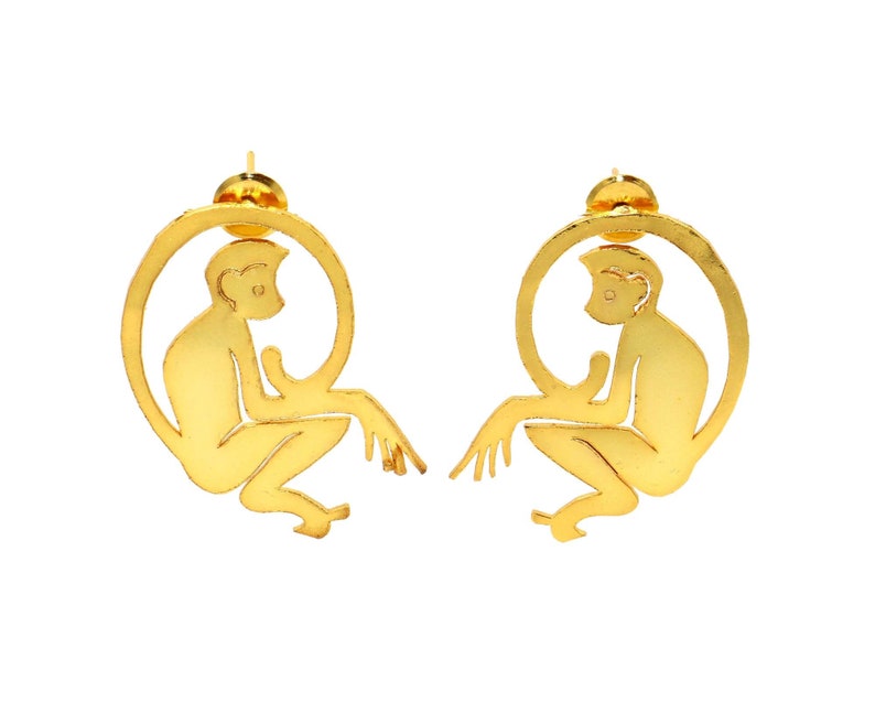 22kt Gold Plated Monkey Hoop Earrings 40x38mm Handcrafted Designer Animal Earrings Gift For Animal Lovers Animal Jewelry Gift Idea
