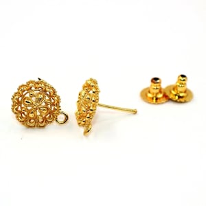 Gold Plated Ear Post / Flower Stud Post Ear / Designer Earring Connector / DIY Jewelry Making Component / Earrings w/ Loop / Earring Finding