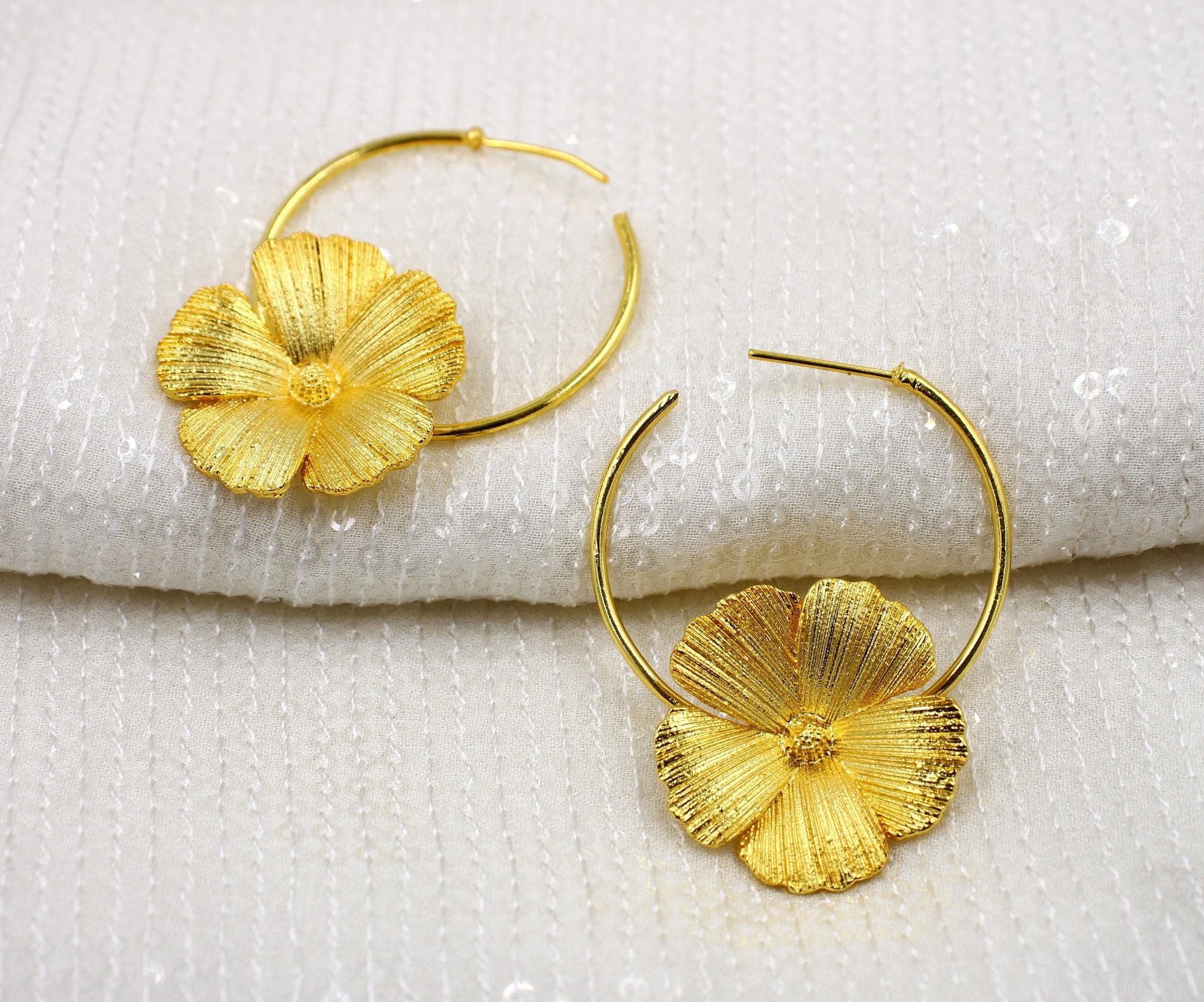 22kt Gold Plated Flower Hoop Earrings / 50x39mm Handcrafted Etsy