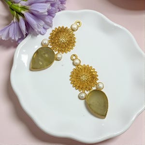 38mm Raw Lemon Quartz & Shell Pearl Earring Pendant Real Gold Plated Handmade Flower Earring Connector Jewelry Finding DIY Jewelry Supplies image 6
