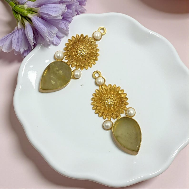 38mm Raw Lemon Quartz & Shell Pearl Earring Pendant Real Gold Plated Handmade Flower Earring Connector Jewelry Finding DIY Jewelry Supplies image 6