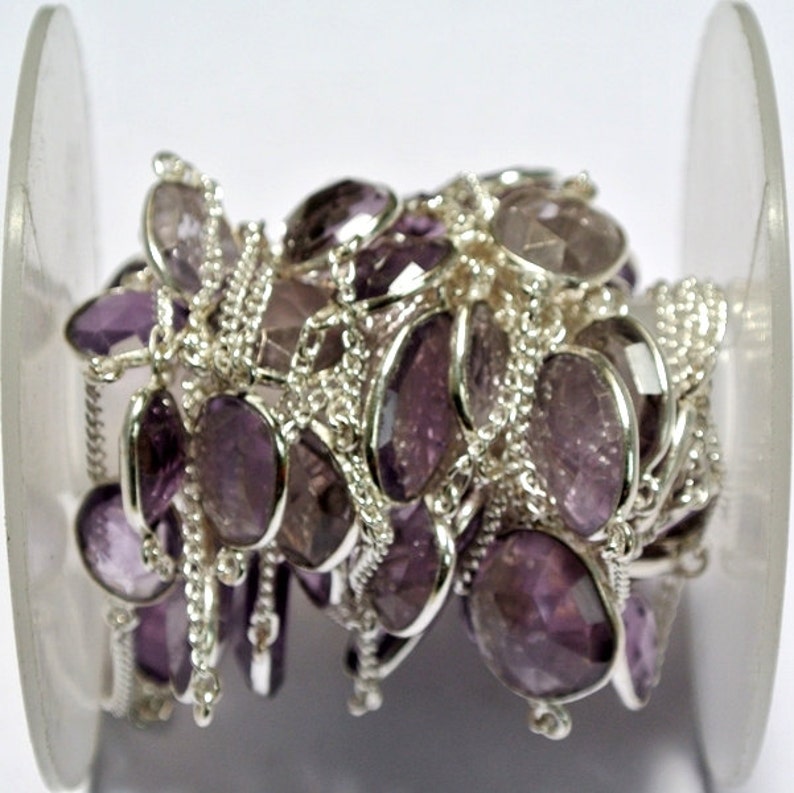 Faceted Pink Amethyst Bezel Set Link Chain 11-21mm Silver Plated Gemstone Continuous Connector Chain Per Foot DIY Jewelry Making Supply