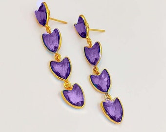 Multi Color Quartz Fancy Heart Earrings, 22kt Gold Plated Bezel Set Long Earrings, Four Tier Designer Earrings, Handmade Earrings, Gift Idea