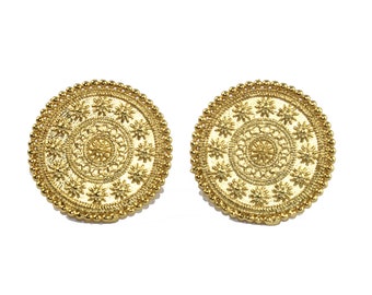 22kt Gold Plated Dotted Round Post Earrings with Loop / 21mm / Earrings Connector / Engraved Flower Ear-post / Findings / DIY Jewelry Making