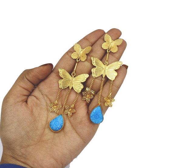 Orecchini A Farfalla In Cristallo Blu E Oro – Gioiello Boho Donna