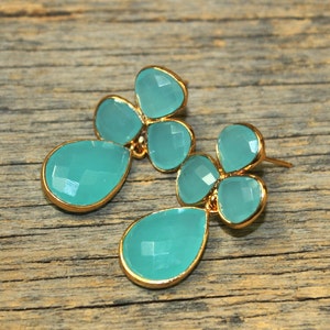 1.49" Bezel Set Aqua Chalcedony Long Pear Earrings / Four Stone Gold Earrings / Gift Idea / Bridal-Wedding Jewelry / Gemstone Earrings FE02