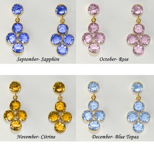 May include: Four pairs of dangle earrings with a cluster of five round gemstones. The earrings are in four colors: blue sapphire, pink rose, yellow citrine, and blue topaz. Each pair is labeled with the corresponding birthstone month.