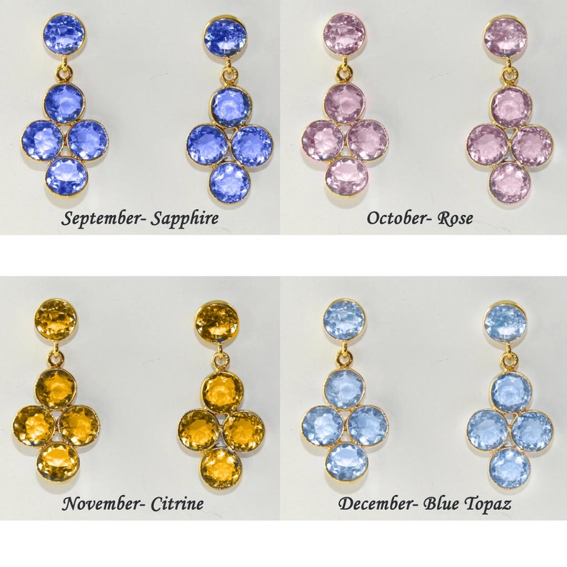 May include: Four pairs of dangle earrings with a cluster of five round gemstones. The earrings are in four colors: blue sapphire, pink rose, yellow citrine, and blue topaz. Each pair is labeled with the corresponding birthstone month.