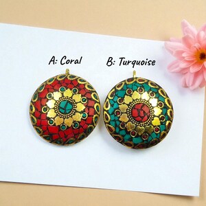 Handmade Mandala Pendant, Ethnic Brass Inlay Pendant, Boho Mosaic Jewelry Charm, Tribal Coral & Turquoise Round Pendant, DIY Jewelry Supply