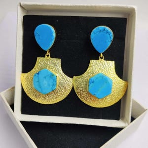 2.51&quot; Turquoise Earrings Designer Real Gold Plated Earrings Gemstone Earrings Ethnic Tribal Bohemian Earrings Gift Idea Wedding Earrings