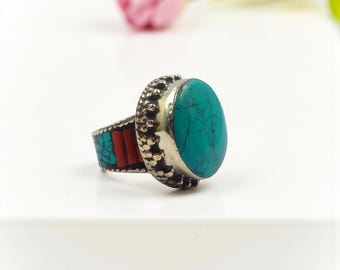 Turquoise &  Coral Tibetan Silver Ring Handmade Tribal Fusion Nepali Ring Ethnic Tribal Statement Ring Designer Nepali Jewelry Gift Idea.