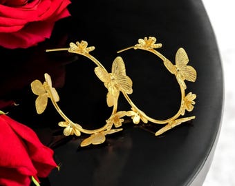 Butterfly & Flower Hoop Earrings, 51mm 22k Gold Plated Handmade Floral Hoop Earring, Designer Wedding Earring, Bridesmaid Jewelry, Gift Idea