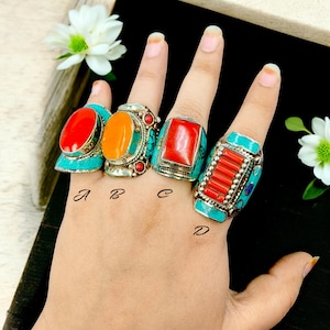 Turquoise Lapis & Coral Tibetan Silver Ring, Handmade Tribal Fusion Nepali Ring, Ethnic Tribal Statement Ring Bohemian Nepalese Jewelry gift