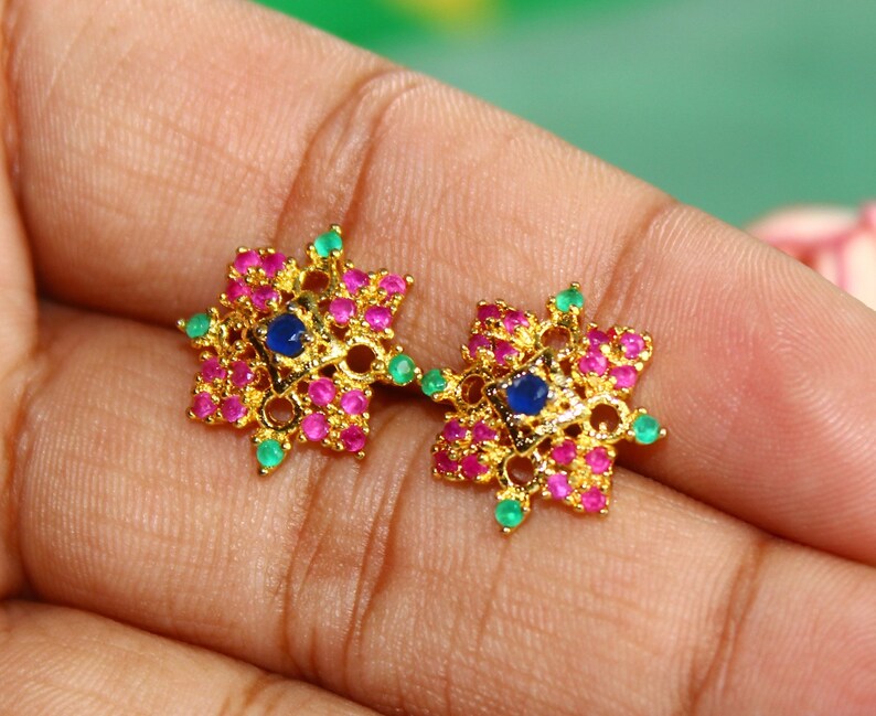 22kt Gold Plated Pink Green /& Blue Semiprecious Gemstone Stud Earrings 16mm Prong Set Flower Earrings Everyday Jewelry Gift Idea EM140