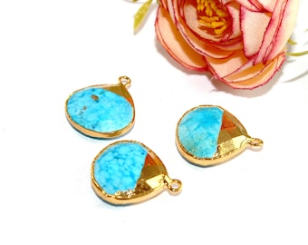 1 Pair 24K Gold Electroplated Trim Bezel Set Turquoise Heart Charms, 18mm Single or Double Loop Turquoise Pendant/ DIY Jewelry Supplies