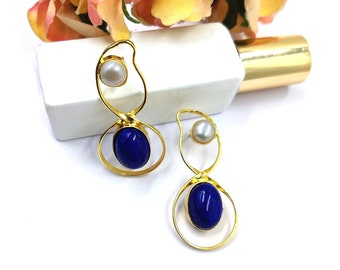Freshwater Pearl & Lapis Lazuli Designer Earrings, Handmade Natural Gemstone Earrings, Wedding Bridal Party Wear Pearl Earring, Gift For her