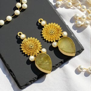38mm Raw Lemon Quartz & Shell Pearl Earring Pendant Real Gold Plated Handmade Flower Earring Connector Jewelry Finding DIY Jewelry Supplies image 1