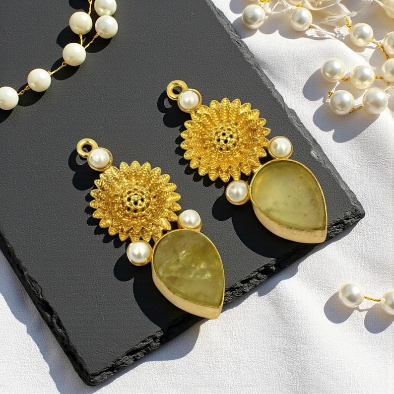 38mm Raw Lemon Quartz & Shell Pearl Earring Pendant Real Gold Plated Handmade Flower Earring Connector Jewelry Finding DIY Jewelry Supplies image 1