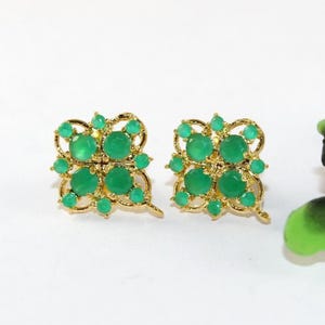 Emerald Stone Prong Set Flower Earring Post & Stud Earrings 22kt Gold Plated Handmade Earrings DIY Jewelry Making Supplies Gift For Her.
