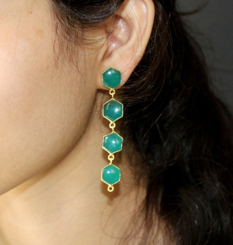 Wedding Jewelry Gemstone Earrings 2.63 Green Chalcedony Bezel Set Long Hexagon Earrings Four Stone Gold Earrings Gift Idea Bridal