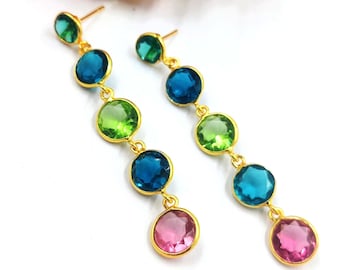 2.55" Bezel Set Multi Color Round Stone Long Earrings | Gold Plated Earrings | Bridal- Wedding Earrings | Party Wear Earrings | Gift For Her