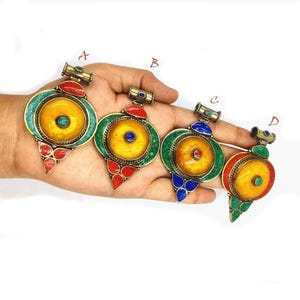 Tibetan Pendant with Turquoise, Coral, Lapis, Malachite Inlays -Wire Work Handmade Tibetan Jewelry / Bohemian Ethnic Nepali Pendant