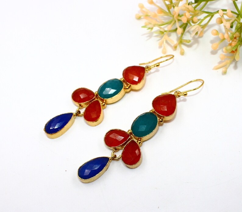 22kt Gold Plated Multi Color Chalcedony Earrings 82x22mm Five Gemstone Gold Earrings Wedding Earrings Bohemian Earrings Gift For Her