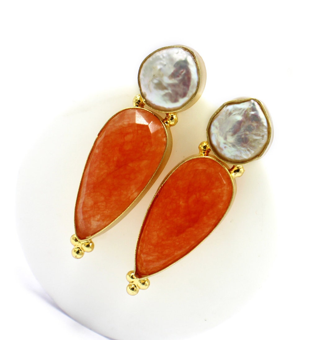 Freshwater Pearl, Orange Jade Earring Post, Pendant & Ready to Wear