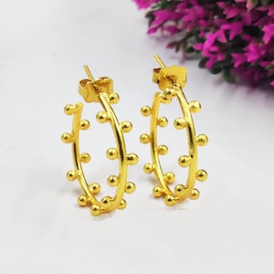 Open Hoop Earrings | 24mm 22k Gold Plated Handmade Dotted Hoop Earrings | Designer Party Wear Hoop Earrings | Bridesmaid Earrings |Gift Idea