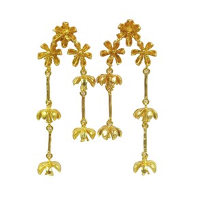 Designer Flower Long Earrings, 75mm 22kt Gold Plated Handmade Floral Dangle Earrings, Wedding Earrings, Party Wear Earrings, Bridesmaid Gift