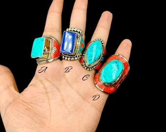Turquoise Lapis & Coral Tibetan Silver Ring, Handmade Tribal Fusion Nepali Ring, Ethnic Tribal Statement Ring Bohemian Nepalese Jewelry gift