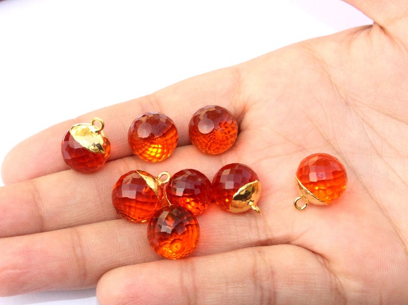 2 Pcs 1 Match Pair 12mm 24K Gold Electroplated Capped Orange Quartz Faceted Ball Charm Pendant Earrings Findings DIY Jewelry Making QC05