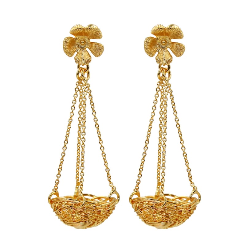 22kt Gold Plated Woven Basket Earrings With Textured Flower Etsy