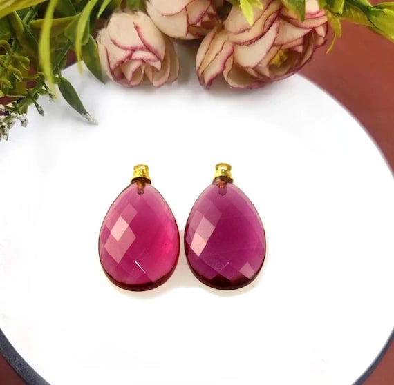 1 Pair Rubellite Pink Quartz Faceted Pear Shaped Pendant | 30x15mm Earring Connectors | DIY Jewelry Supplies | Earrings & Necklace Findings