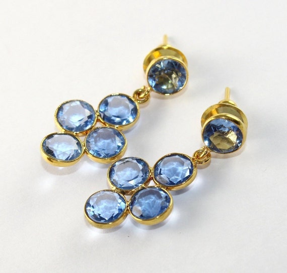 1.29" Bezel Set Multi Quartz Round Cut Stone Earrings, 18kt Gold Plated Tanzanite Earrings, Five Stone Earrings, Gift Idea, Everyday Jewelry
