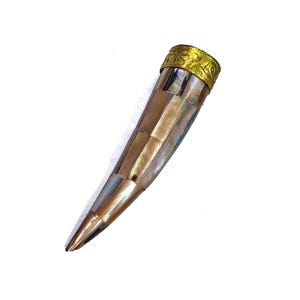 Shaded Abalone Shell Horn Pendant with Engraved Brass Cap, 95mm Natural Abalone Shell Single Loop Tooth Pendant, Boho Ethnic Tribal Pendant