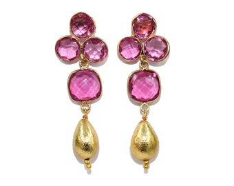 Gold Plated Faceted Multi Color Birthstone Earrings 50x17mm Bezel Set Earrings Handcrafted Gold Drop Earrings Party Wear Earrings Gift Idea.